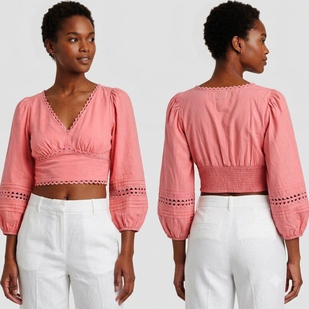 A New Day Eyelet Crop Top Large Pink Scalloped V-Neck Balloon Sleeve Blouse